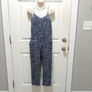 LOFT Size Small Blue and White Geometric Jumpsuit, With Pockets